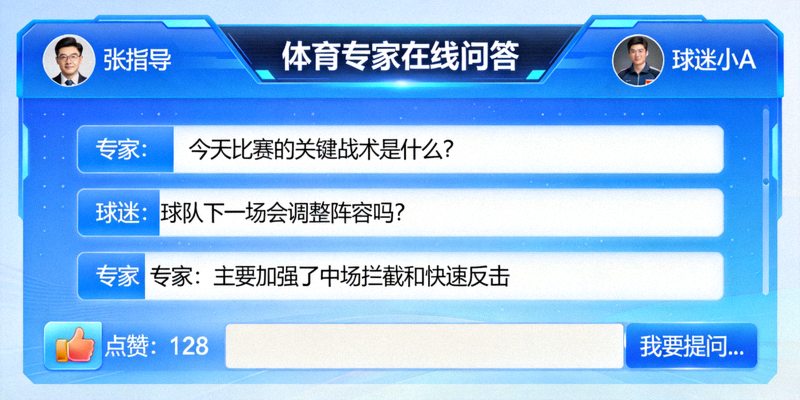 体育专家在线回答球迷问题的问答互动界面示意图